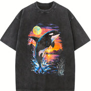 Midnight Orca Ocean Sunset vintage washed oversized T-shirt in Black