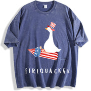 Fourth of July Firequacker Goose USA Patriotic vintage washed oversized T-shirt in Blue