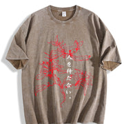 Japanese Floral & Text Distressed Sleeveless Tank Vintage Washed T-Shirt in Brown
