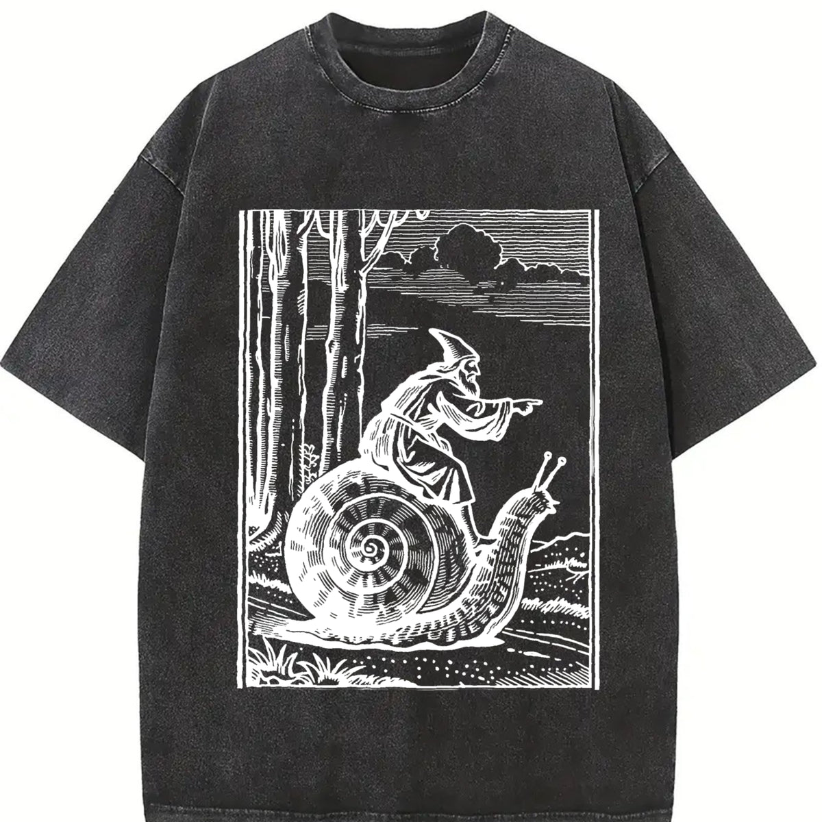 Retro Medieval Snail Rider Vintage Washed T-Shirt in Black