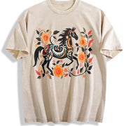 Bohemian Floral & Black Horse Vintage Washed T-Shirt in Beige