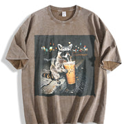 Raccoon Drinking Iced Coffee Vintage Washed T-Shirt in Brown