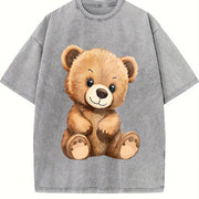 Cute Fluffiest Short-sleeve with Bear & Pom-pom Creature Vintage Washed T-Shirt in Gray