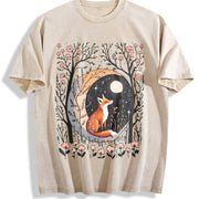 Sister Autumn Dead Tree Flowers Night Fox Appreciation Vintage Washed T-Shirt in Beige