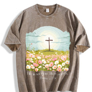 Christian Easter He Is Risen Vintage Washed T-Shirt in Brown