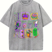 Mardi Gras Doodle Icons Vintage Washed T-Shirt in Gray