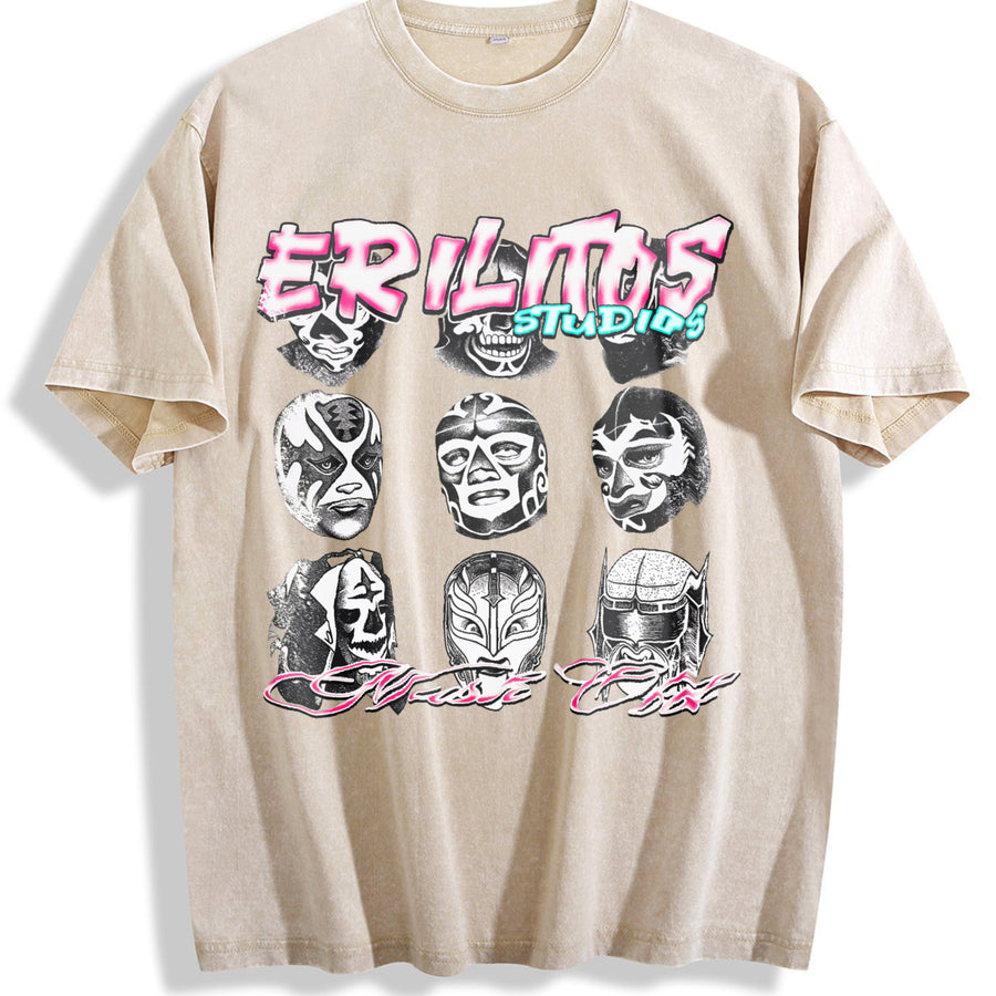 Lucha Libre Masks Retro Off-white Vintage Washed T-Shirt in Beige