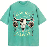 Western Cowboy - Black with Bull Skull & Floral vintage washed oversized T-shirt in Blue