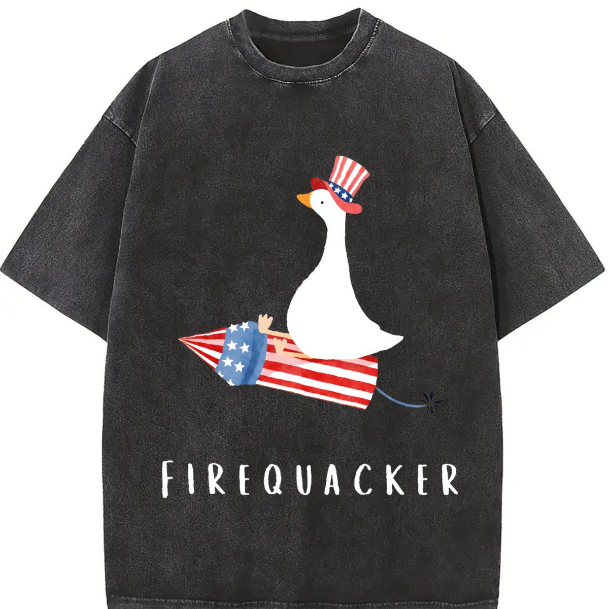 Fourth of July Firequacker Goose USA Patriotic vintage washed oversized T-shirt in Black