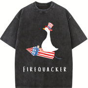 Fourth of July Firequacker Goose USA Patriotic vintage washed oversized T-shirt in Black