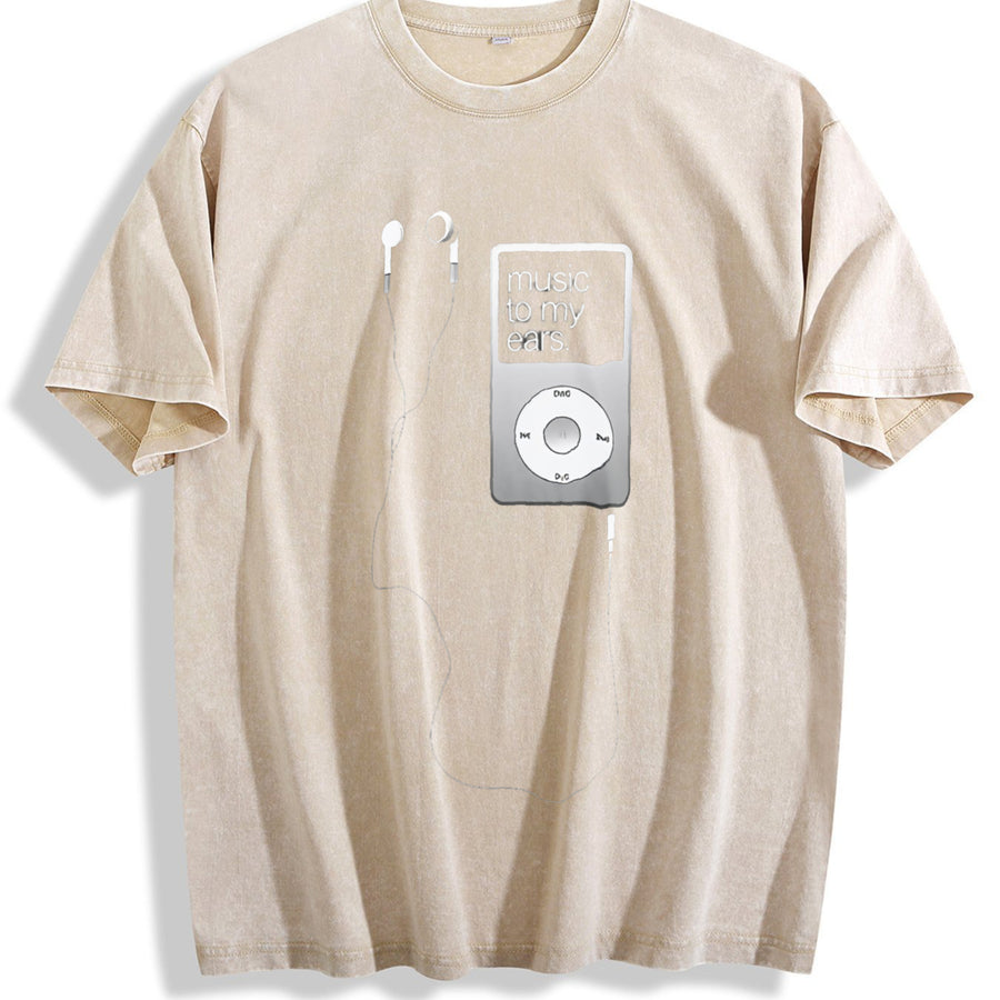 MUSIC TO MY EARS vintage washed oversized T-shirt in Beige