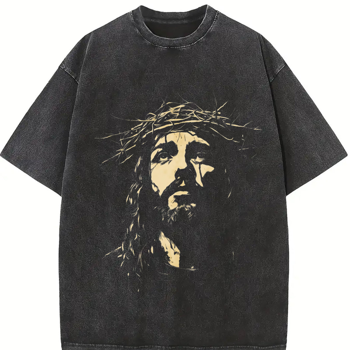 Distressed Yellow Portrait Vintage Washed T-Shirt in Black