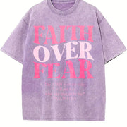 Faith Over Fear Jesus Christian Religious Sayings Bible Vintage Washed T-Shirt in Purple
