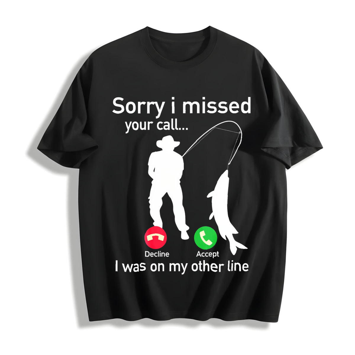 Fishing Phone Call with Fishing Line Cotton T-Shirt in Black