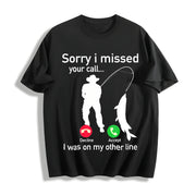 Fishing Phone Call with Fishing Line Cotton T-Shirt in Black