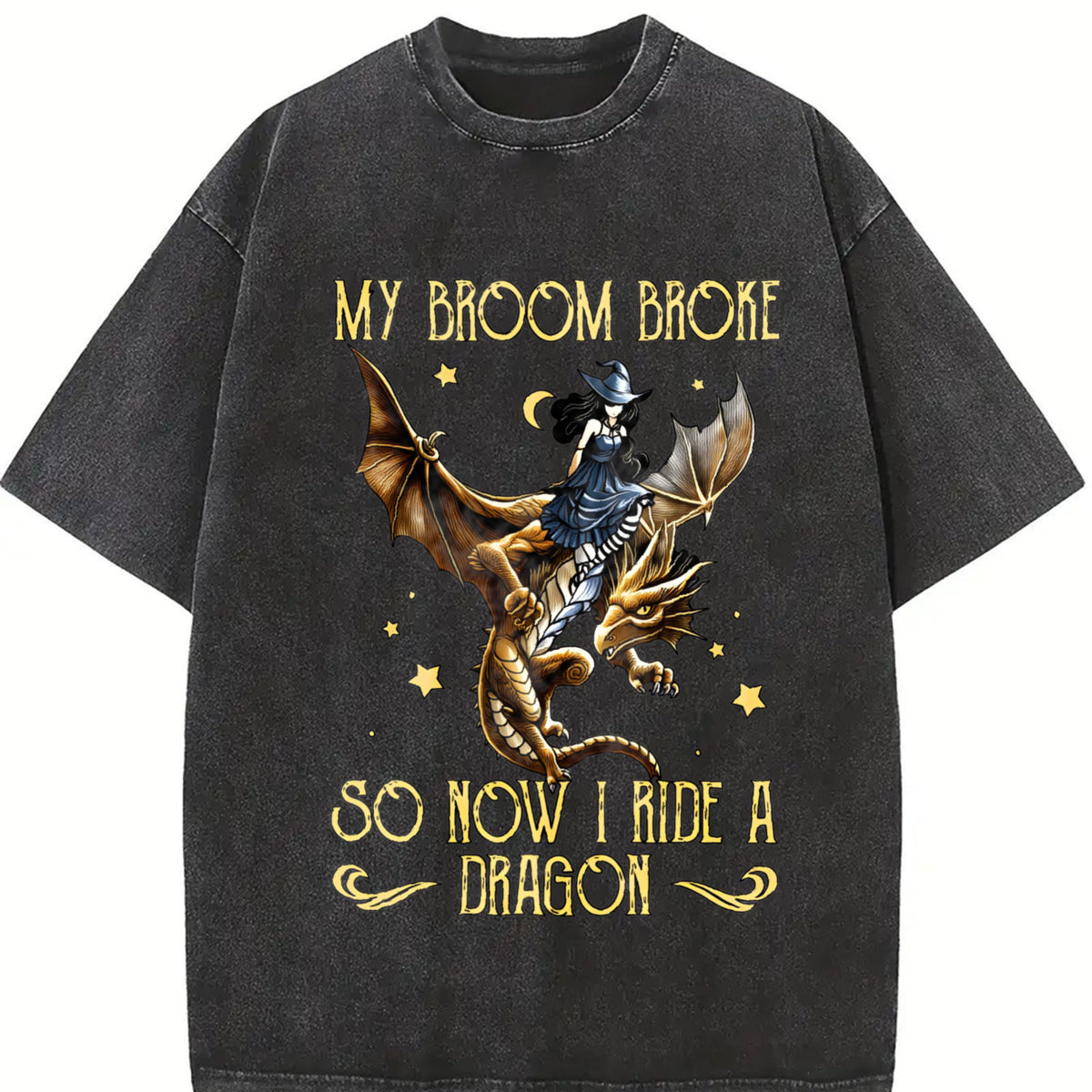 Sister Autumn: Witch Riding a Flying Dragon Letter Vintage Washed T-Shirt in Black