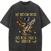 Sister Autumn: Witch Riding a Flying Dragon Letter Vintage Washed T-Shirt in Black