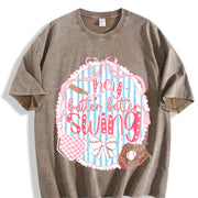 ZestLoop Preppy Baseball Bow Glitter Vintage Washed T-Shirt in Brown