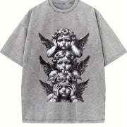 Gothic Three Wise Monkeys Angel Statue Sleeveless Tank Vintage Washed T-Shirt in Gray