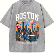 Boston Massachusetts Vintage Washed T-Shirt in Gray