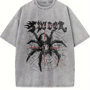 2 Piece Gothic Spider Cross Sleeveless Tank & Shorts Set Vintage Washed T-Shirt in Gray