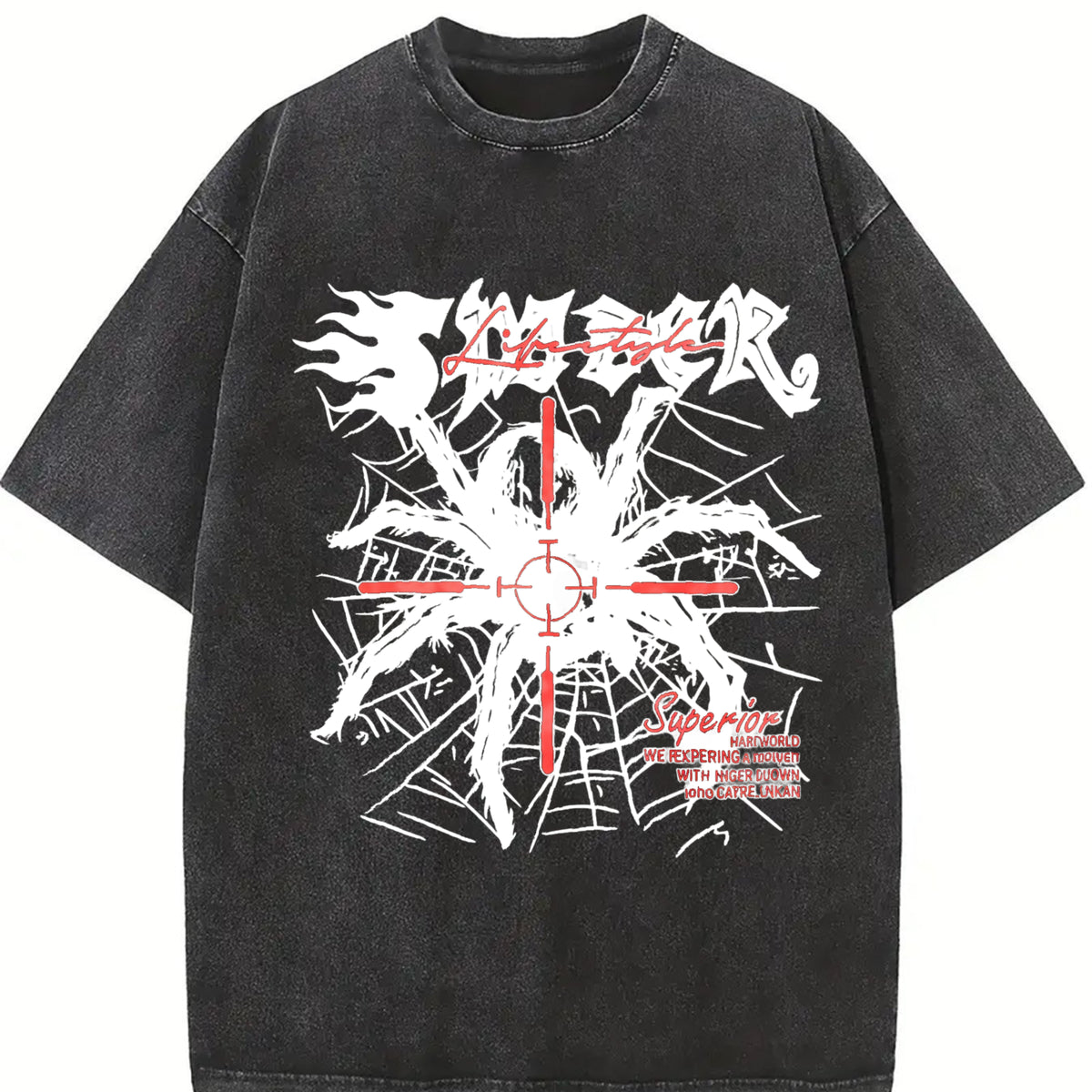 250gsm Retro Spider with Black & Red Gothic Vintage Washed T-Shirt in Black