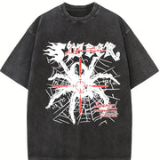 250gsm Retro Spider with Black & Red Gothic Vintage Washed T-Shirt in Black