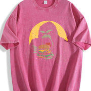 Retro Gorilla Eating Hamburger 90s Vintage Washed T-Shirt in Red