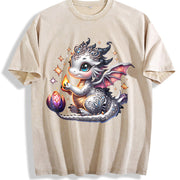 Silvery-gray Little Dragon with Exquisite Vintage Washed T-Shirt in Beige