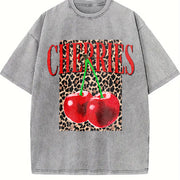 Fun Hip-Hop Leopard Cherry Letters Personalized Street vintage washed oversized T-shirt in Gray