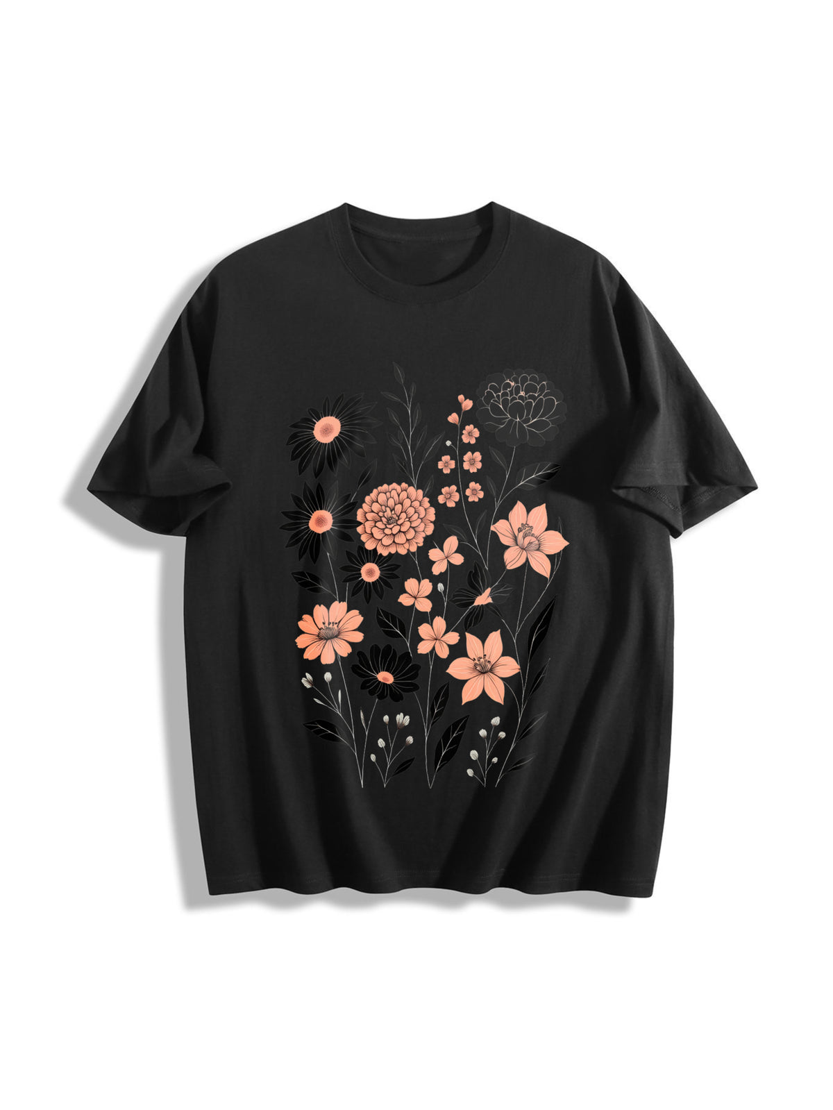 Pressed Flowers Botanical Floral Cotton T-Shirt in Black