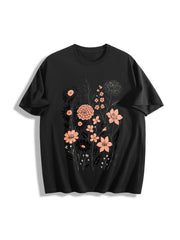 Pressed Flowers Botanical Floral Cotton T-Shirt in Black