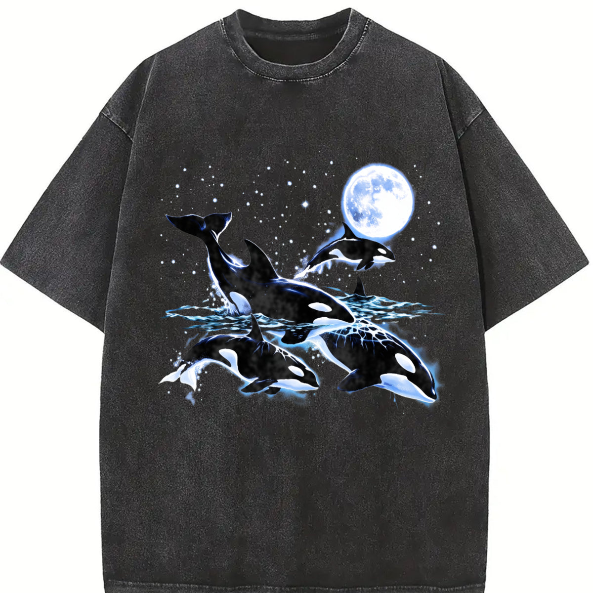 Orca Whale 90s Retro Moonlight Ocean Vintage Washed T-Shirt in Black