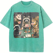 Animals Playing Poker Raccoon Opossum vintage washed oversized T-shirt in Blue