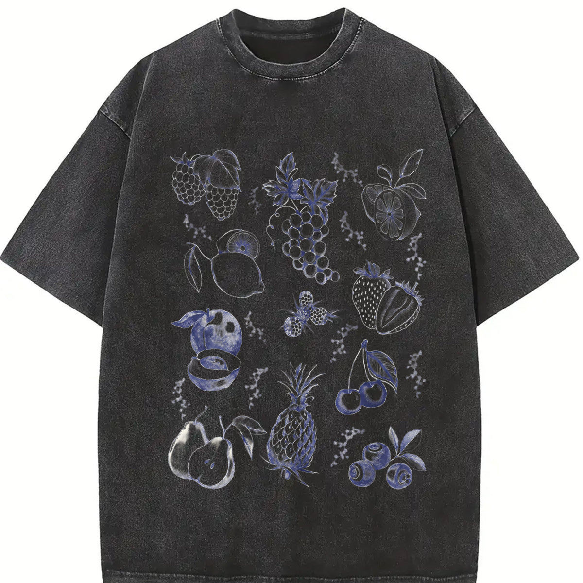 Fruits and Berries Retro 90s Tattoo Vintage Washed T-Shirt in Black