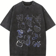 Fruits and Berries Retro 90s Tattoo Vintage Washed T-Shirt in Black
