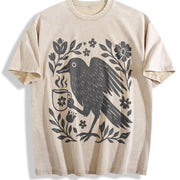 Boho Crow Bird Coffee Lover Vintage Washed T-Shirt in Beige