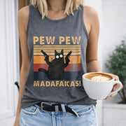 Pew Cat Sunset Crew-neck Sleeveless Vest Outdoor Women's Color Cotton Tank Top in Gray