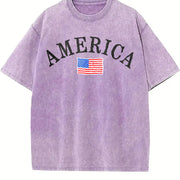 America Embroidered Vintage Washed T-Shirt in Purple