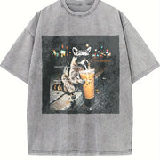 Raccoon Drinking Iced Coffee Vintage Washed T-Shirt in Gray