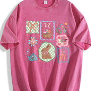 Coquette Easter Bow & Bunny Patchwork vintage washed oversized T-shirt in Red