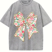 Coquette Bow Floral Bow Vintage Washed T-Shirt in Gray