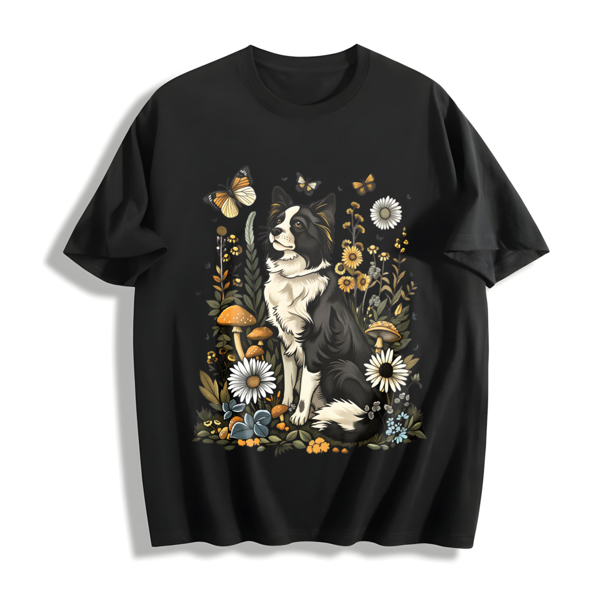 Dog Short-sleeve Blouse with Cute Puppy & Canine Patterns Cotton T-Shirt in Black