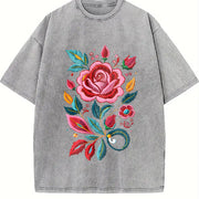 Bohemian Floral Imitation Embroidery Vintage Washed T-Shirt in Gray