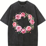 Rose Floral for All Seasons Vintage Washed T-Shirt in Black