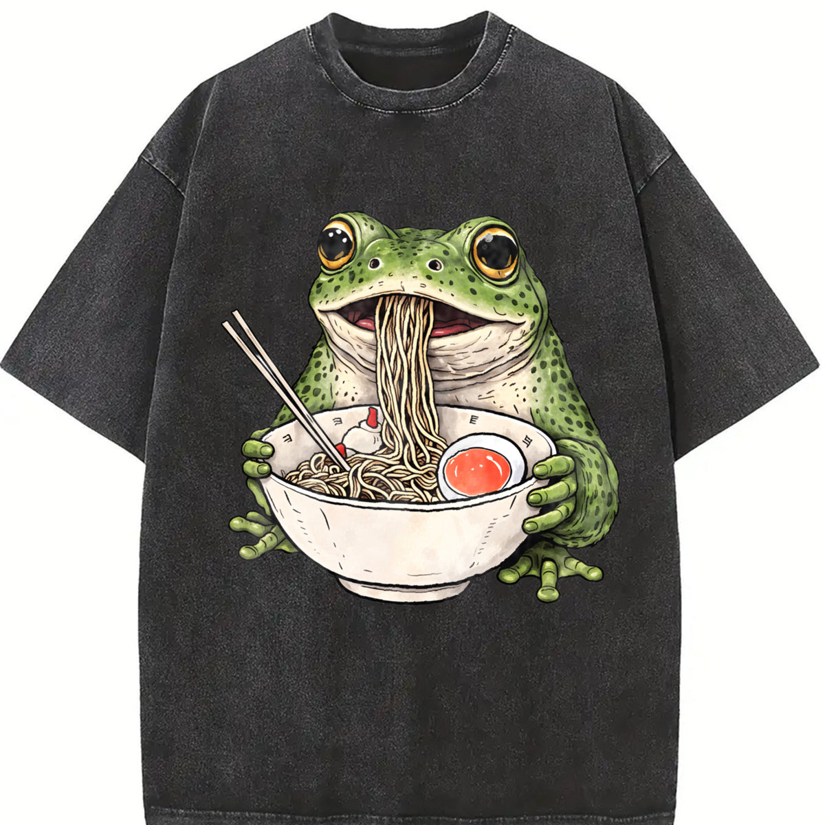 Frog Ramen Retro Frog Eating Noodles Vintage Washed T-Shirt in Black