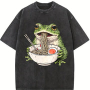 Frog Ramen Retro Frog Eating Noodles Vintage Washed T-Shirt in Black