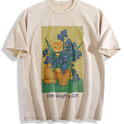Van Gogh Cat Art Vintage Washed T-Shirt in Beige