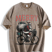 Retro Merry Santa Riding Bike 90s Vintage Washed T-Shirt in Brown