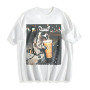 Raccoon Drinking Iced Coffee Cotton T-Shirt in White